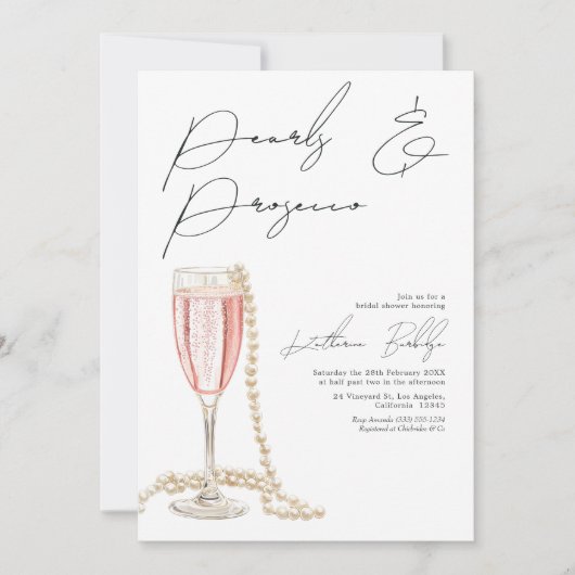 Elegantes Perlen und Prosecco-Brautparty Einladung (Vorderseite)