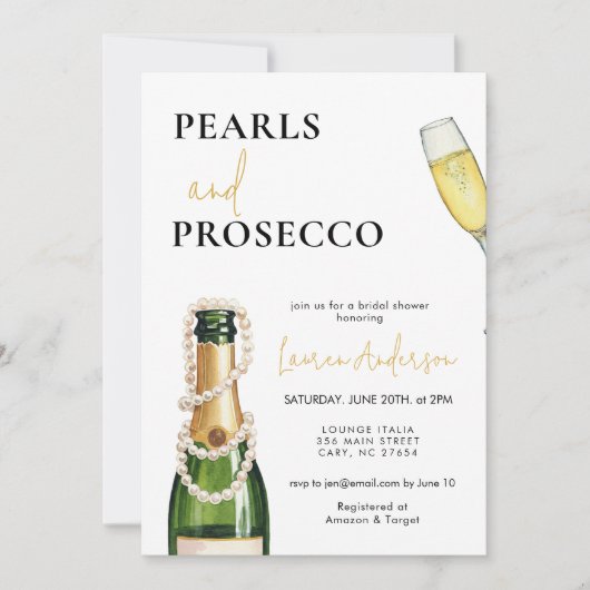 Elegantes Perlen und Prosecco-Brautparty Einladung (Vorderseite)