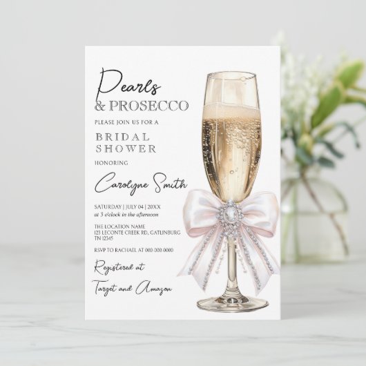 Elegantes Perlen und Prosecco-Brautparty Einladung (Stehend Vorderseite)