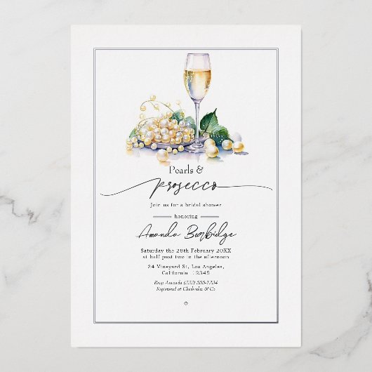 Elegantes Perlen und Prosecco-Brautparty Folieneinladung (Vorderseite)