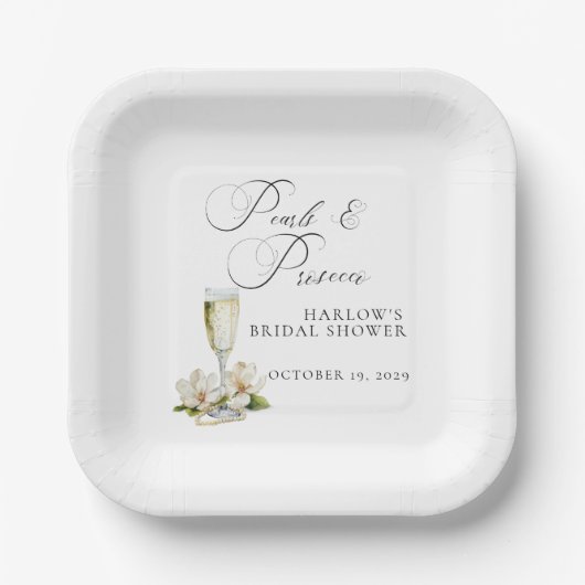 Elegantes Perlen und Prosecco-Brautparty Pappteller (Vorderseite)