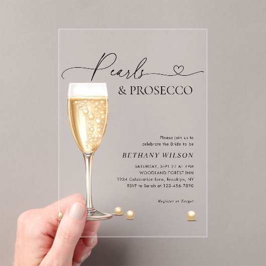 Elegantes Perlen- und Prosecco-Script-Brautparty Acryleinladungen (Insitu (Handheld))