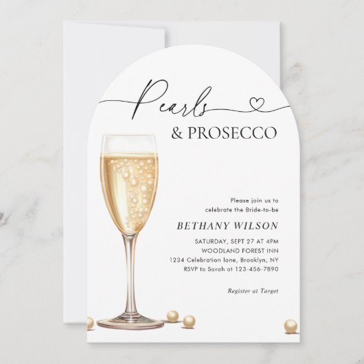 Elegantes Perlen- und Prosecco-Script-Brautparty Einladung (Vorderseite)
