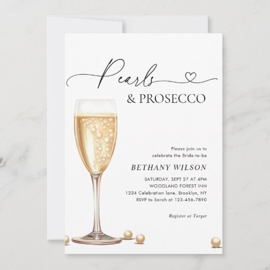 Elegantes Perlen- und Prosecco-Script-Brautparty Einladung (Vorderseite)