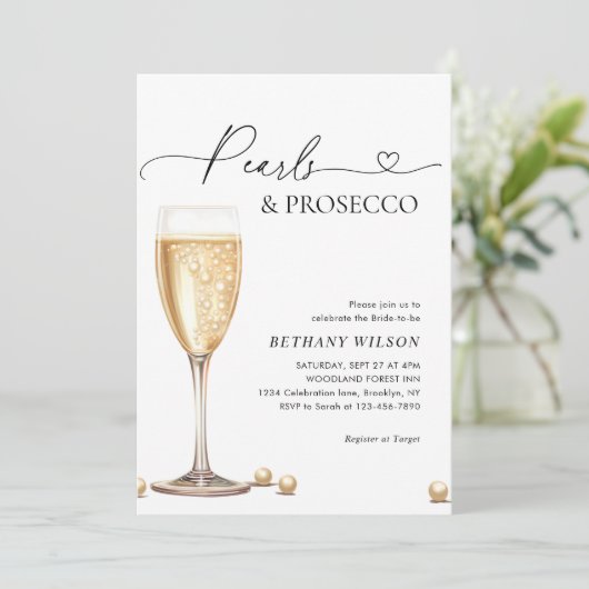 Elegantes Perlen- und Prosecco-Script-Brautparty Einladung (Stehend Vorderseite)