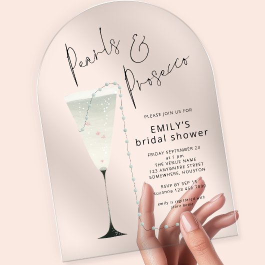 Elegantes Perlmutt und Prosecco Flute Brautparty Acryleinladungen