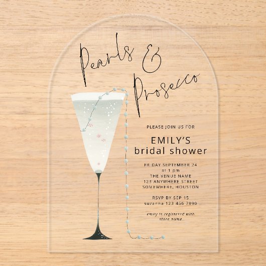 Elegantes Perlmutt und Prosecco Flute Brautparty Acryleinladungen (Vorderseite)