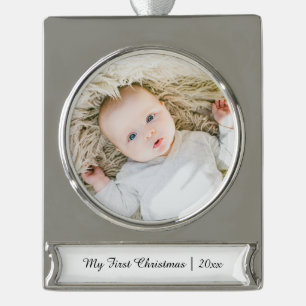 Elegantes Personalisiert Baby's First Christmas Fo Banner-Ornament Silber