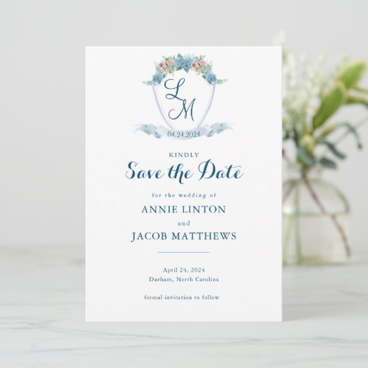 Elegantes Personalisiertes Blue Hydrangea Wedding  Save The Date (Stehend Vorderseite)