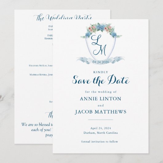 Elegantes Personalisiertes Blue Hydrangea Wedding  Save The Date (Vorne/Hinten)