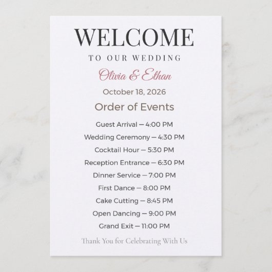 Elegantes personalisiertes Hochzeitsprogramm Programm (Vorderseite)