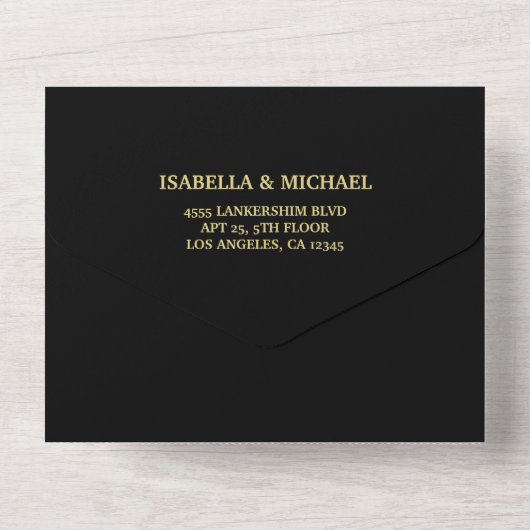 Elegantes, Personalisiertes Monogramm auf schwarz All In One Einladung (Rückseite)