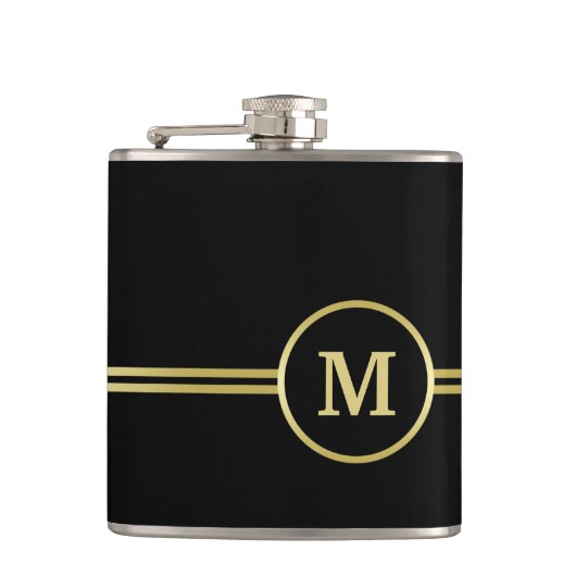 Elegantes, Personalisiertes Monogramm auf schwarz Flachmann (Vorderseite)