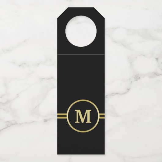 Elegantes, Personalisiertes Monogramm auf schwarz Flaschenanhänger (Vorderseite)