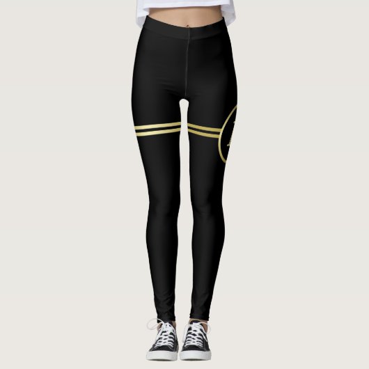 Elegantes, Personalisiertes Monogramm auf schwarz Leggings (Vorderseite)