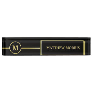 Elegantes, Personalisiertes Monogramm auf schwarz Namensplakette