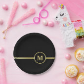 Elegantes, Personalisiertes Monogramm auf schwarz Pappteller (Party)