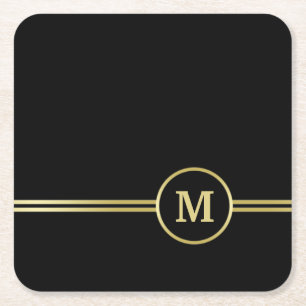 Elegantes, Personalisiertes Monogramm auf schwarz Rechteckiger Pappuntersetzer