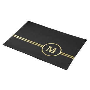 Elegantes, Personalisiertes Monogramm auf schwarz Stofftischset