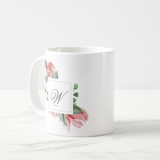 Elegantes Personalisiertes Monogramm mit rosa Rose Kaffeetasse (Vorderseite Links)