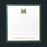 Elegantes Personalisiertes Monogramm Notizblock<br><div class="desc">Bleibe stilvoll mit diesem personalisierten mit Monogramm Notizblock mit einem ausgeklügelten smaragdgrünen und goldenen Monogramm-Design. Die ausgekleideten Seiten bieten viel Platz für Noten, Aufgabenlisten und vieles mehr, während das elegante Design Ihrem Alltag eine Touch Luxus verleiht. Perfekt für den persönlichen Gebrauch oder als nachdenkliches Geschenk für einen Freund oder Kollegen....</div>