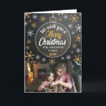 Elegantes Personalisiertes Weihnachtsbaumelt Custo Feiertagskarte<br><div class="desc">Elegante Weihnachtskarte mit schwarz-goldenem Bauble- und Schneeflockendesign.</div>