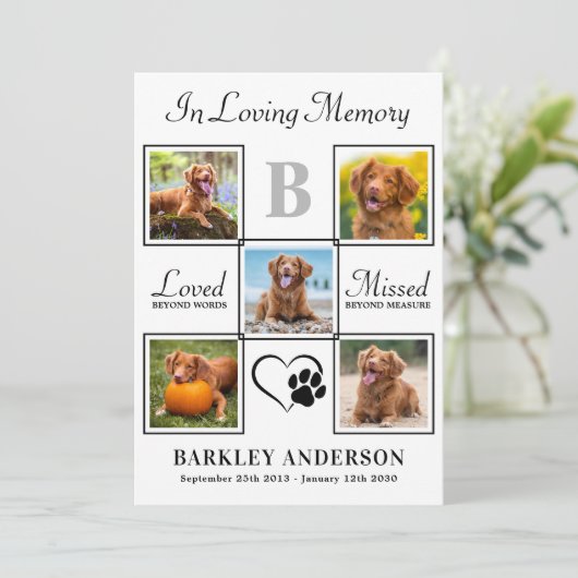 Elegantes Pet Memorial 5 Personalisierte FotoColla Dankeskarte (Stehend Vorderseite)