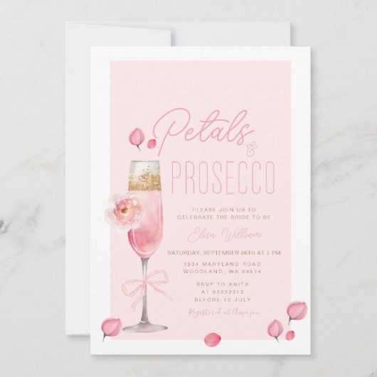 Elegantes Petals und Prosecco-Brautparty Einladung (Vorderseite)