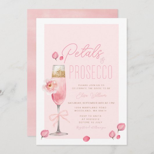Elegantes Petals und Prosecco-Brautparty Einladung (Vorne/Hinten)