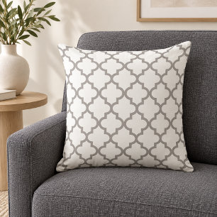 Elegantes Pewtergrau-Weiß-Vierblatt-Trellis Kissen