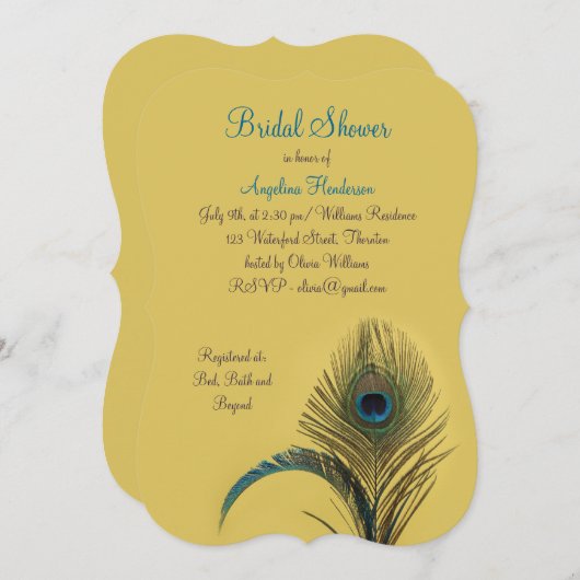 Elegantes Pfau-Brautparty (gelb) Einladung (Vorne/Hinten)