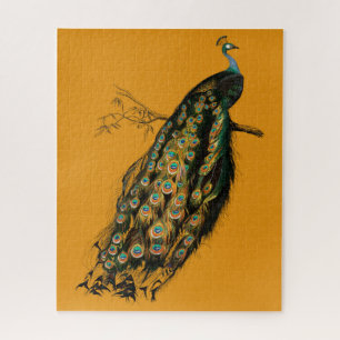 Elegantes Pfau-Design auf Senfgelb Retro Puzzle