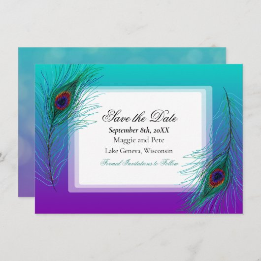 Elegantes Pfauen Feather Elegant Save the Date Einladung (Vorne/Hinten)