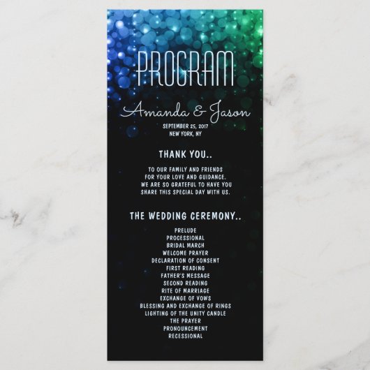 Elegantes Pfauenfarbenleuchten mit einem Hochzeits Programm (Vorderseite)