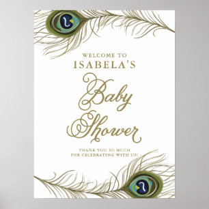 Elegantes Pfauenfeder-Baby-Shower-Willkommen Poster