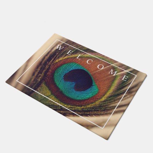 Elegantes Pfauenfedern Foto Begrüßungstür matt Fußmatte (Schrägansicht)