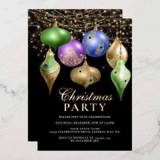 Elegantes Pfauenschmuck Weihnachts-Party Folieneinladung (Vorderseite/Rückseite)