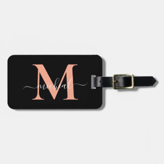 Elegantes Pfirsich- und schwarzes Monogramm-Schrif Gepäckanhänger