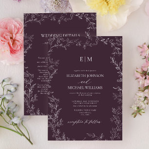 Elegantes Pflaumen-Lila-Blatt-Monogramm-Details Ho Einladung