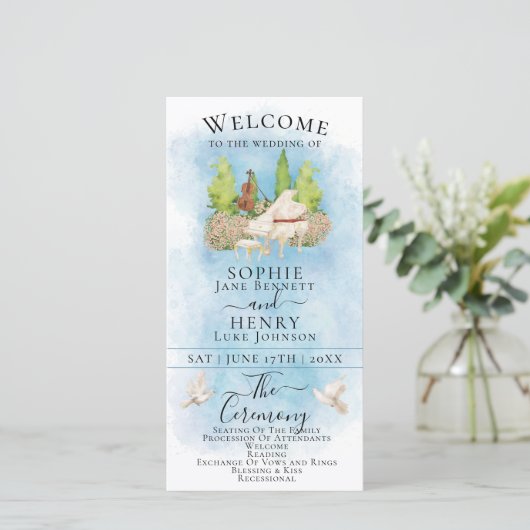 Elegantes Piano |Hochzeitsprogramm für Geigen Dove (Stehend Vorderseite)