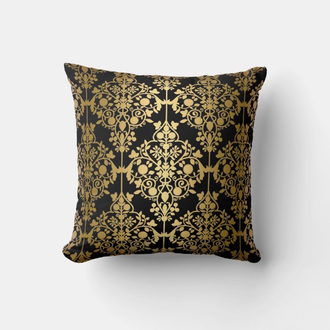 Elegantes Pillow Black Gold Damask Floral Kissen (Vorderseite)