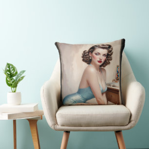 Elegantes Pin-Up-Girl-Schönheit in Satinblau-Kleid Kissen