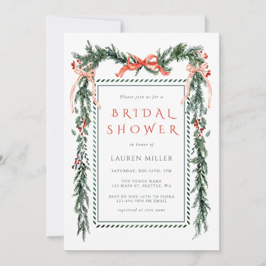 Elegantes Pine Branch Rahmen Weihnachts-Brautparty Einladung (Vorderseite)