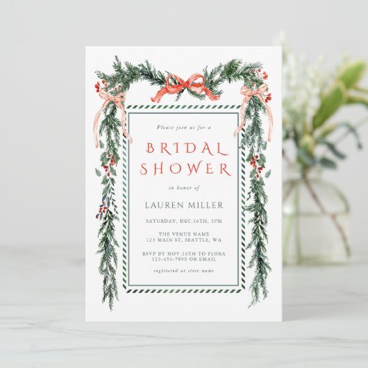 Elegantes Pine Branch Rahmen Weihnachts-Brautparty Einladung (Stehend Vorderseite)
