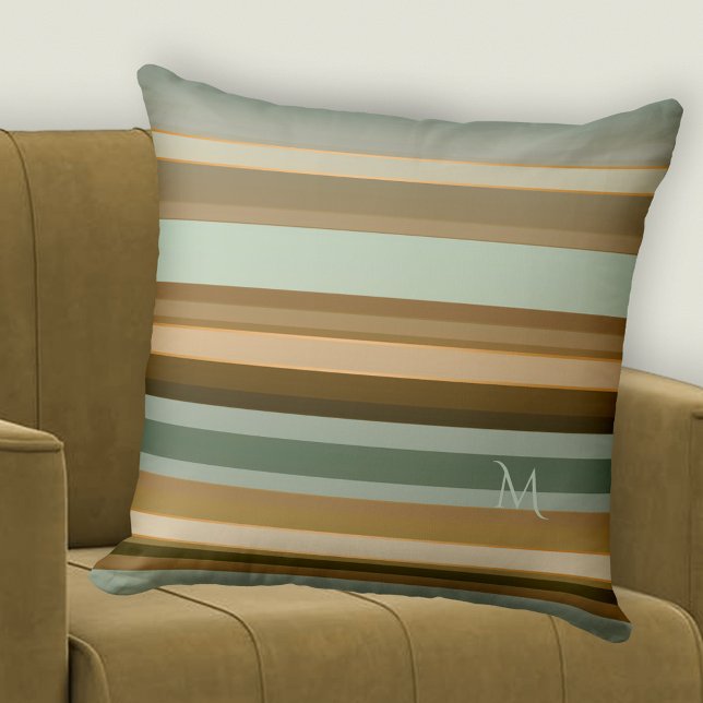 Elegantes Pine Green Gray Brown Striping Muster Kissen (Pillow featuring an elegant striped pattern in pine green with grey brown and small rose gold lines)