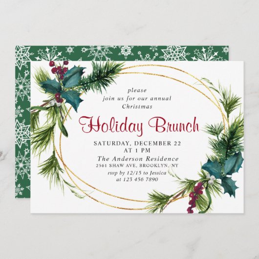 Elegantes Pine Holly Berry Weihnachtsfest Brunch Einladung (Vorne/Hinten)