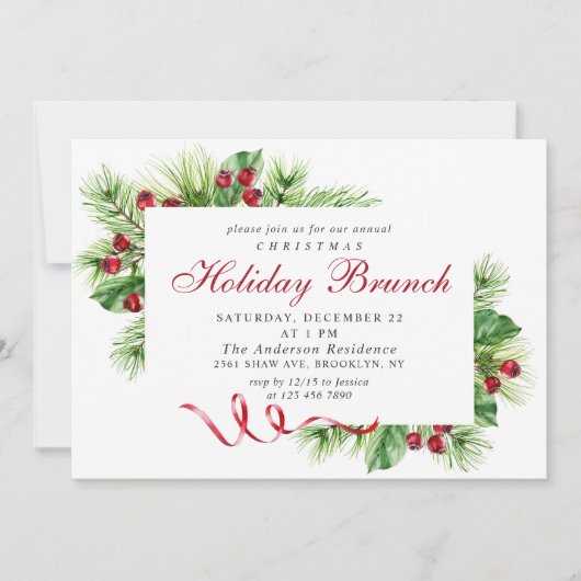 Elegantes Pine Holly Berry Weihnachtsfest Brunch Einladung (Vorderseite)