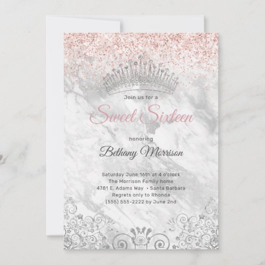 Elegantes Pink 16 . Geburtstag Tiara Glitzer Party Einladung (Vorderseite)