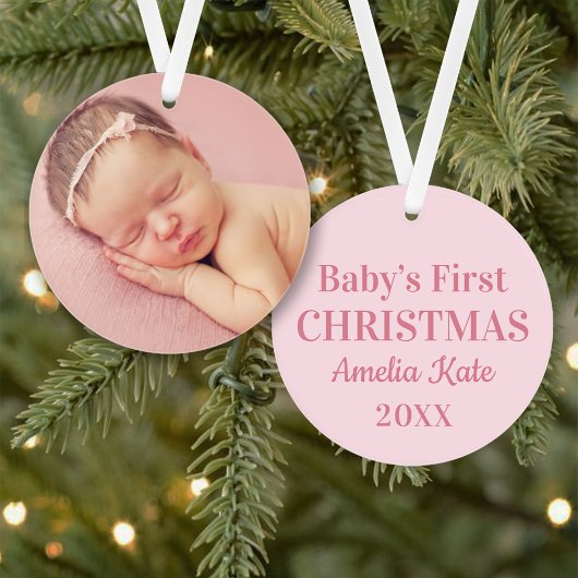 Elegantes Pink Baby Girl First Christmas Foto Ornament