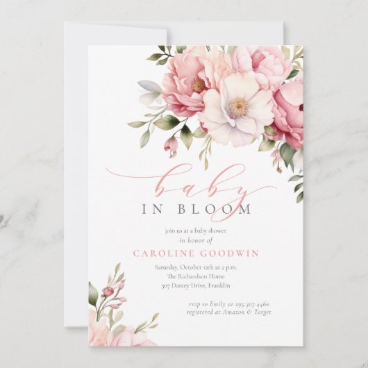 Elegantes Pink Baby in Bloom Girl Babydusche Einladung (Vorderseite)